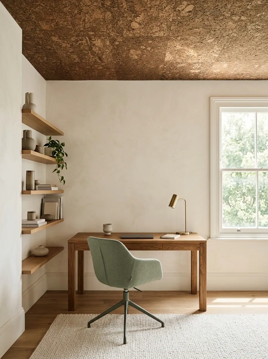 Cork Ceiling Panels in a Warm Home Office