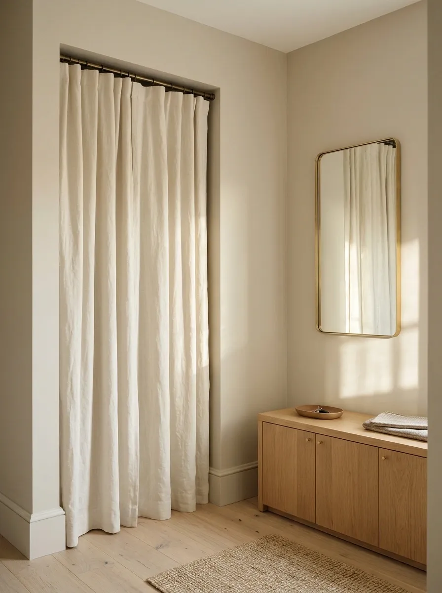 Corner Entry With a Coat Curtain and a Plain Shoe Bench