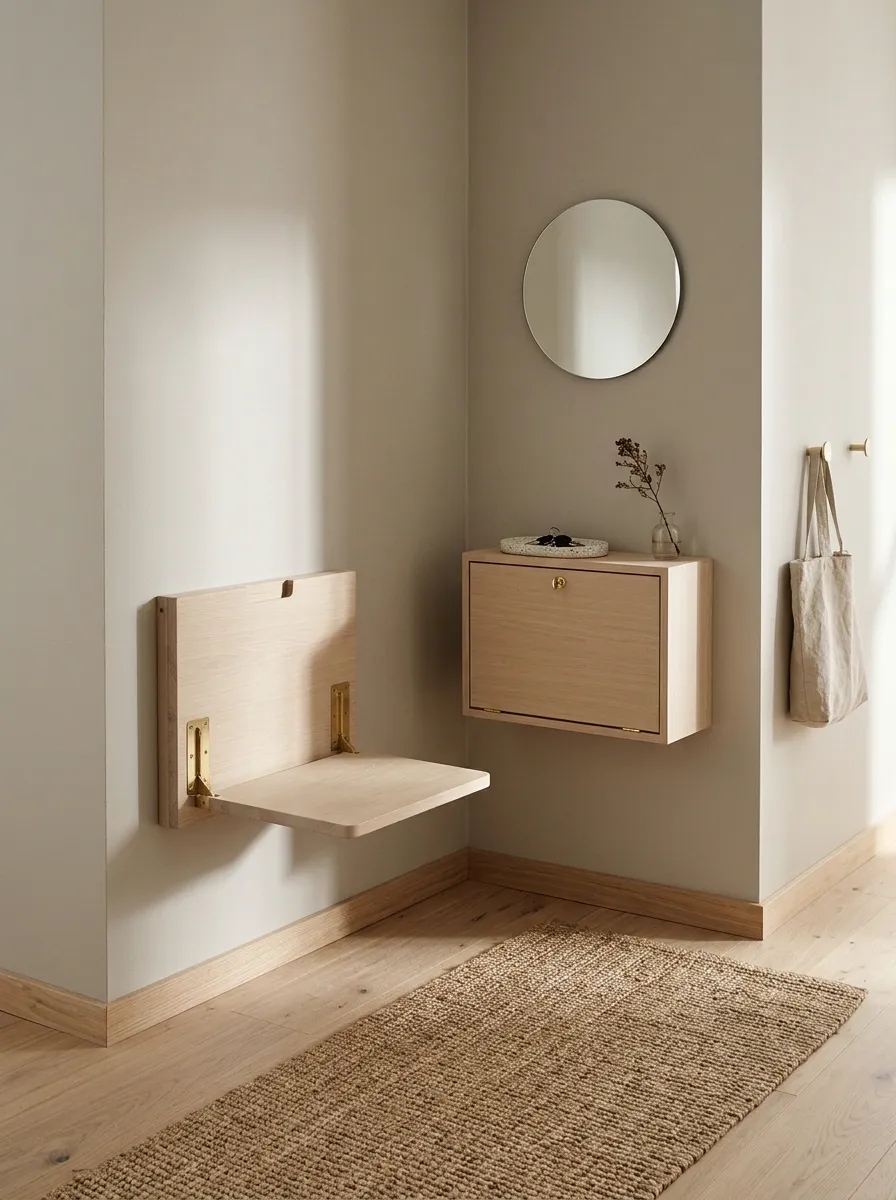 Corner Entry With a Folding Seat and a Shallow Lockable Cabinet