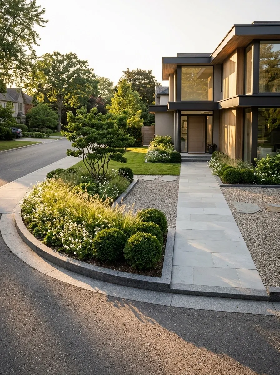 Corner-Plot Garden With a Curved Boundary Bed and Direct Path