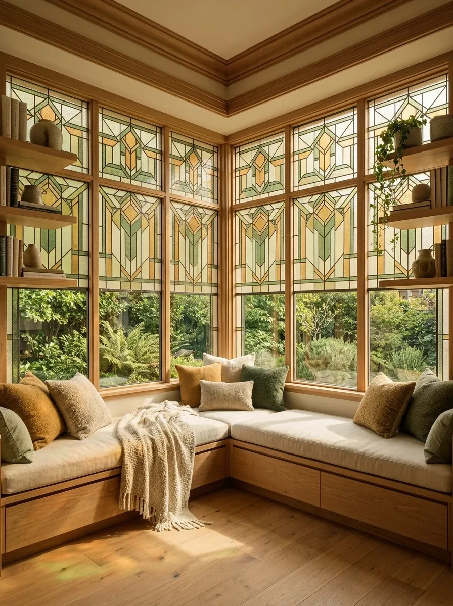 Corner Reading Nook With Stained Glass on Two Window Walls