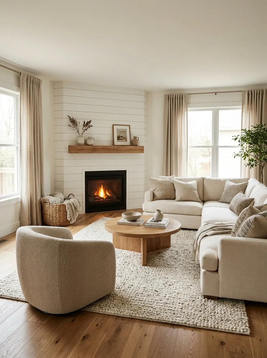 Corner Shiplap Fireplace With an Angled Seating Arrangement