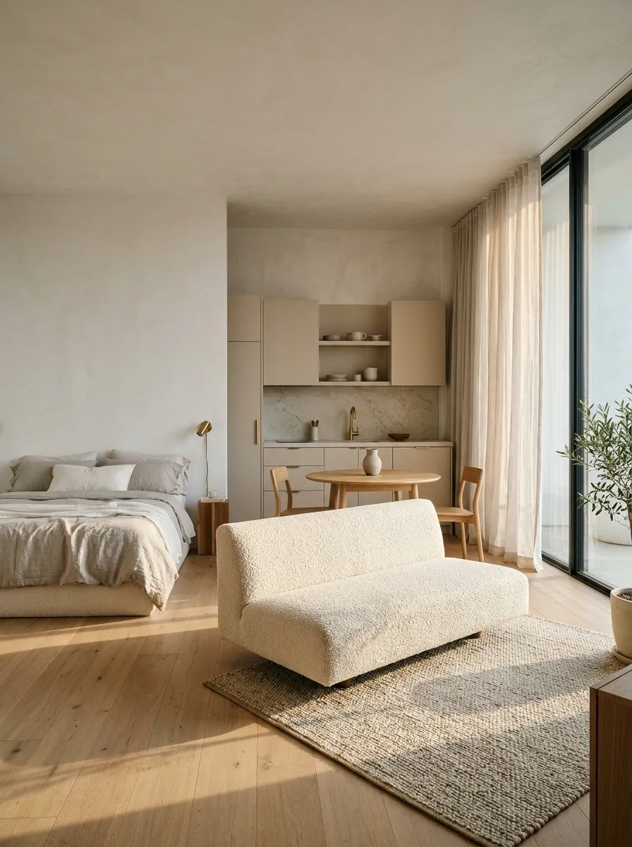 Corner-Window Studio With a Floating Sofa and Perimeter Bed