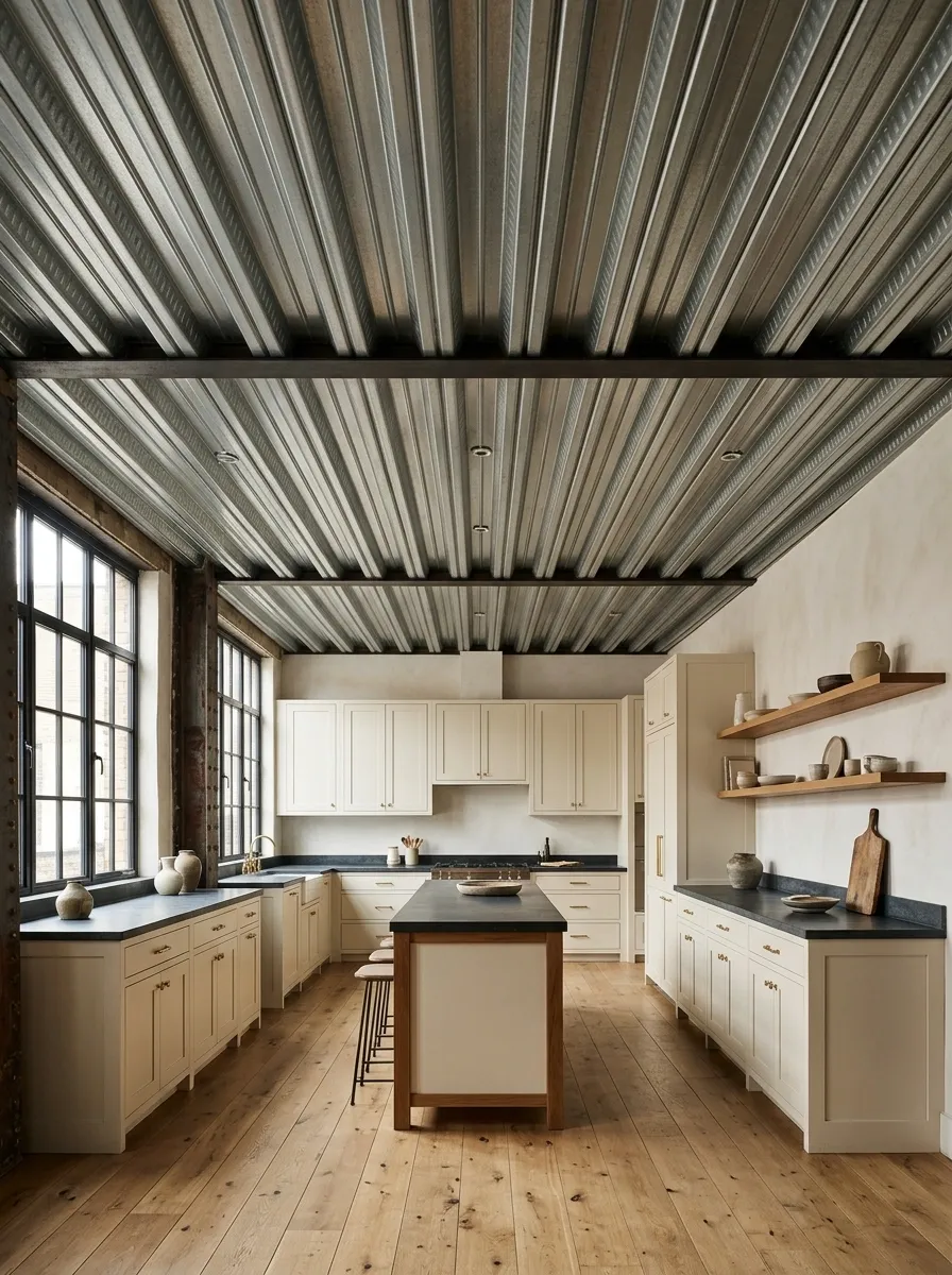 Corrugated Metal Ceiling in an Industrial Loft Kitchen
