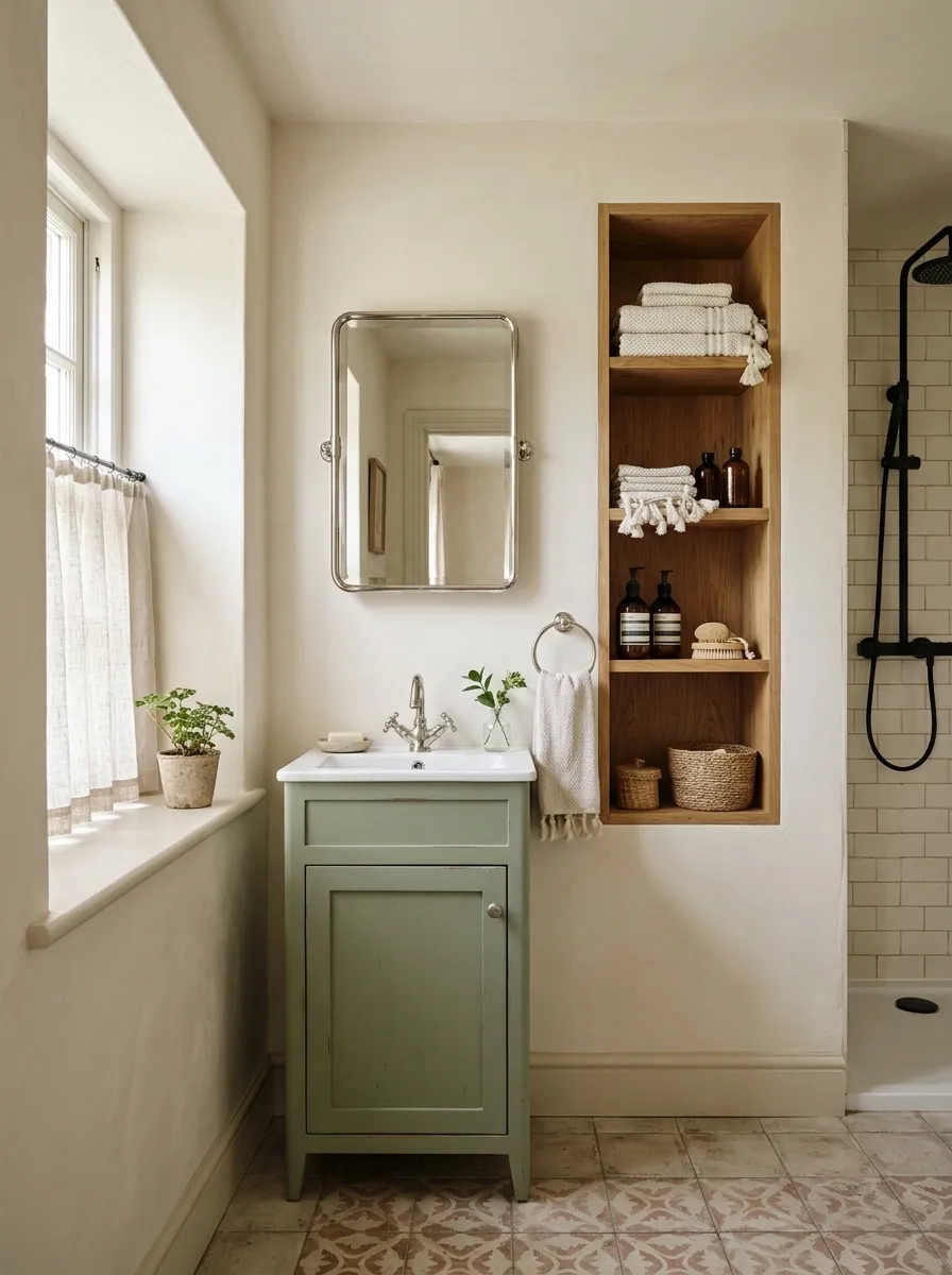 Cottage Bathroom With a Washstand, Café Curtain, and Compact Shower