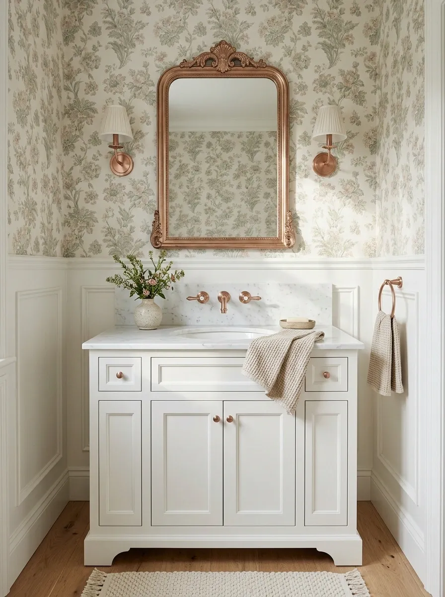 Cottage Bathroom With Floral Wallpaper and Classic Rose Gold Fixtures