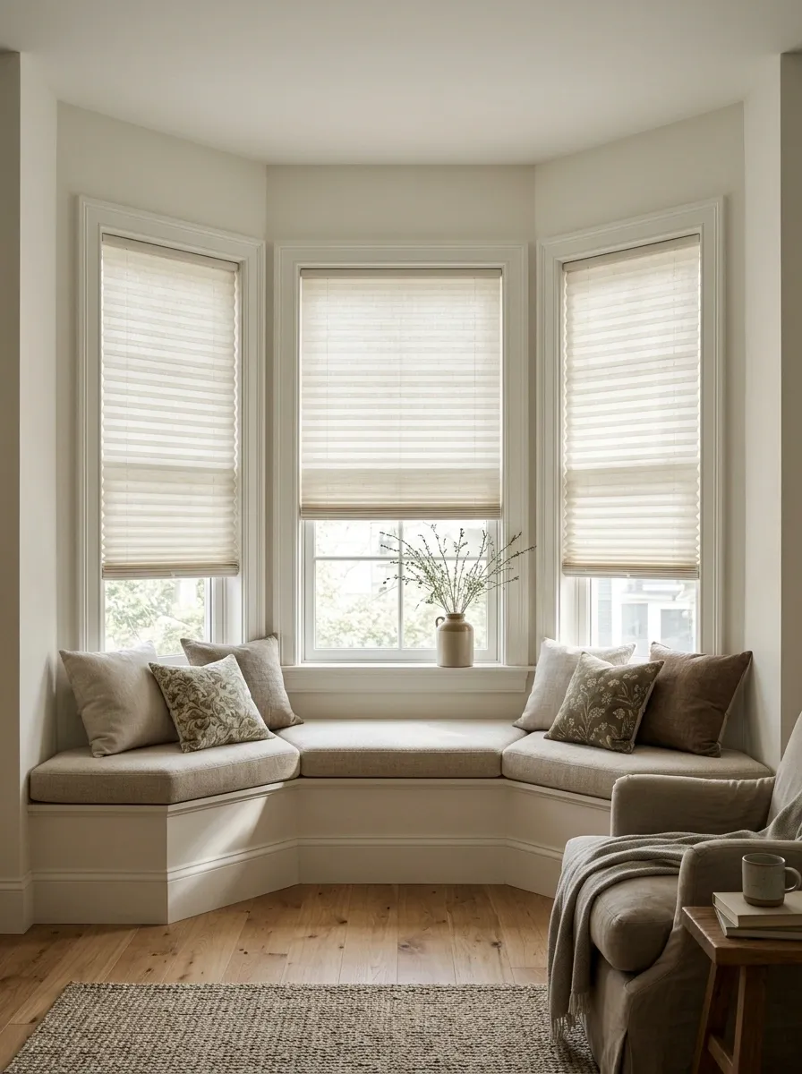 Cottage Bay Window With Crisp Pleated Shades
