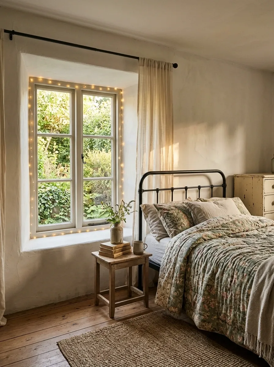 Cottage Bedroom With a Flower-Framed Window