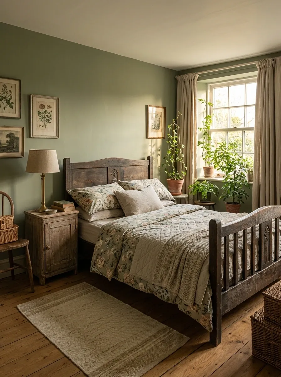 Cottage Bedroom With Ivy, Antique Wood, and Soft Floral Bedding
