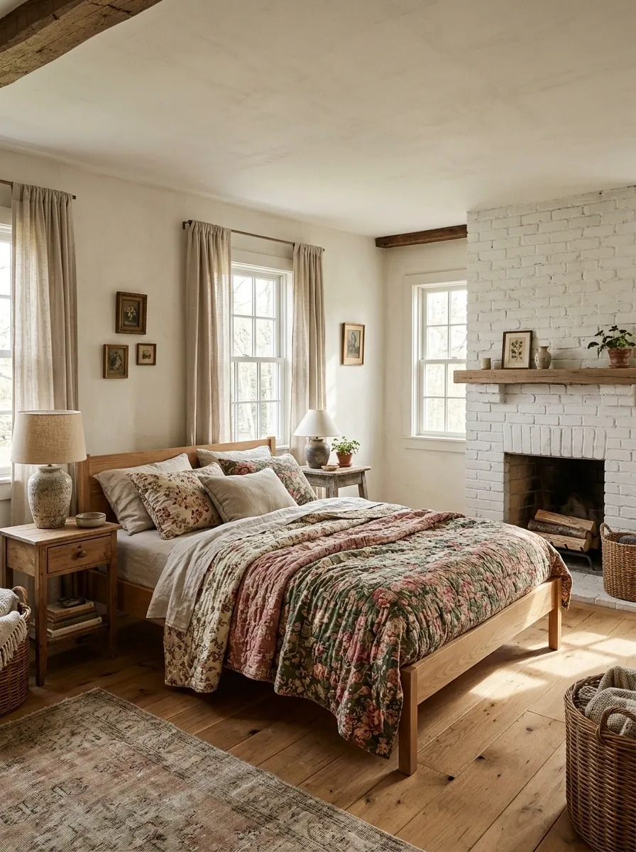 Cottage Bedroom With Painted Brick Fireplace and Layered Quilts