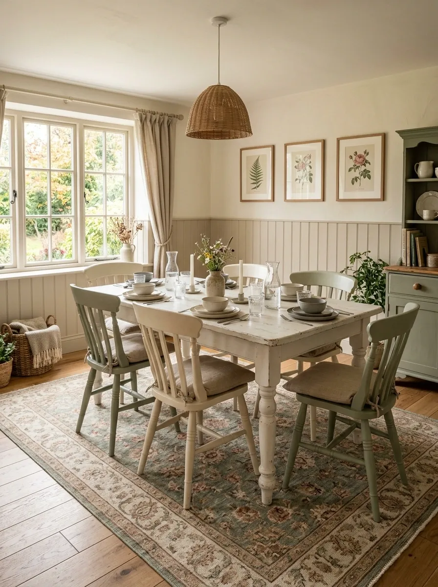 Cottage Dining Room With a Faded Floral Rug