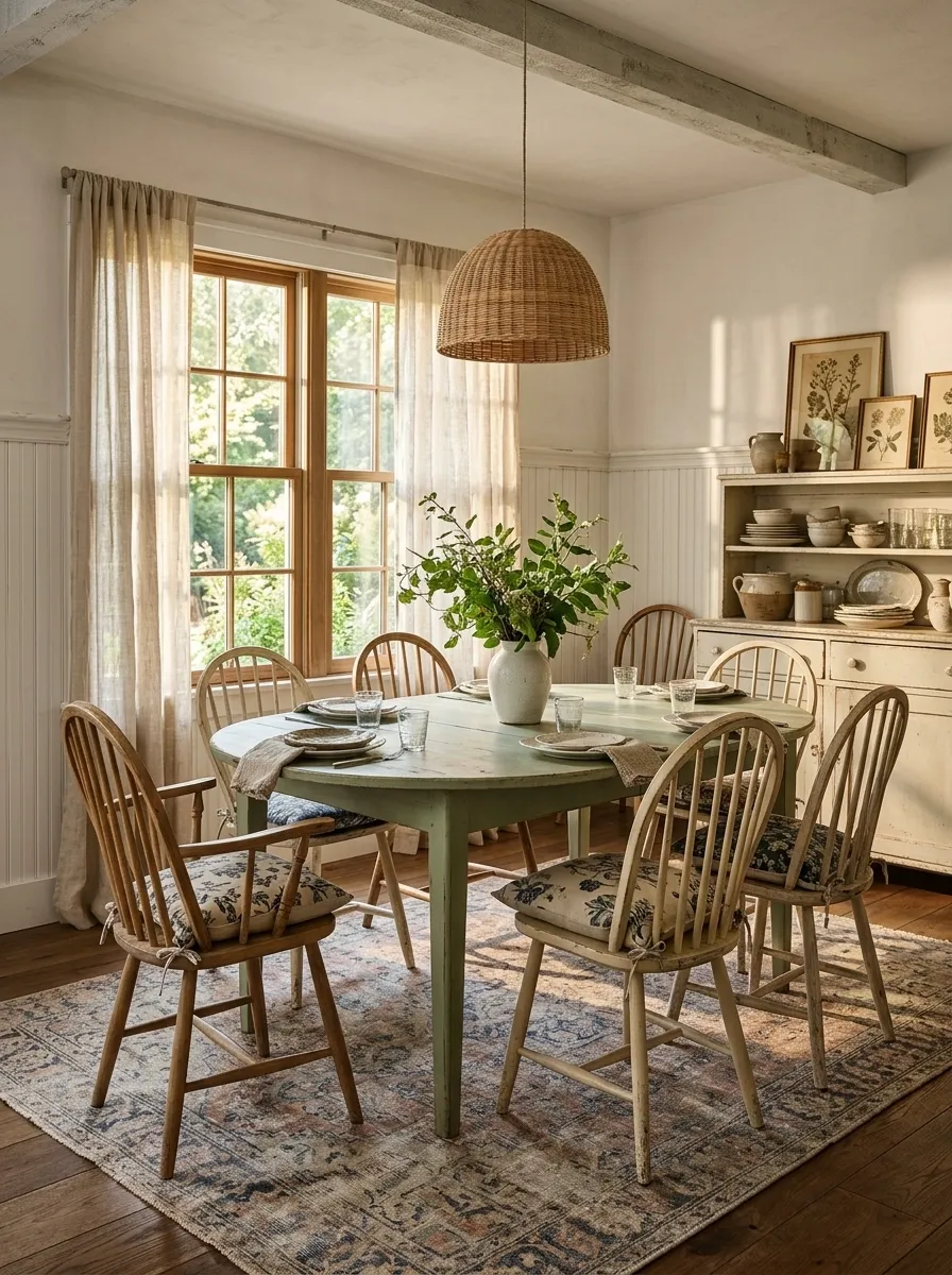 Cottage Dining Room With Painted Furniture and Floral Textiles