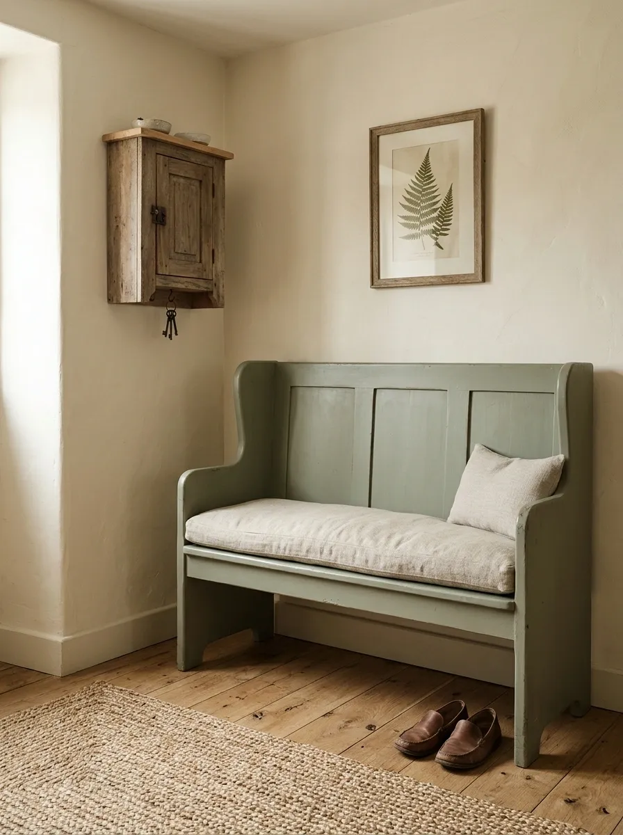 Cottage Entry Corner With a Painted Settle and a Small Cupboard