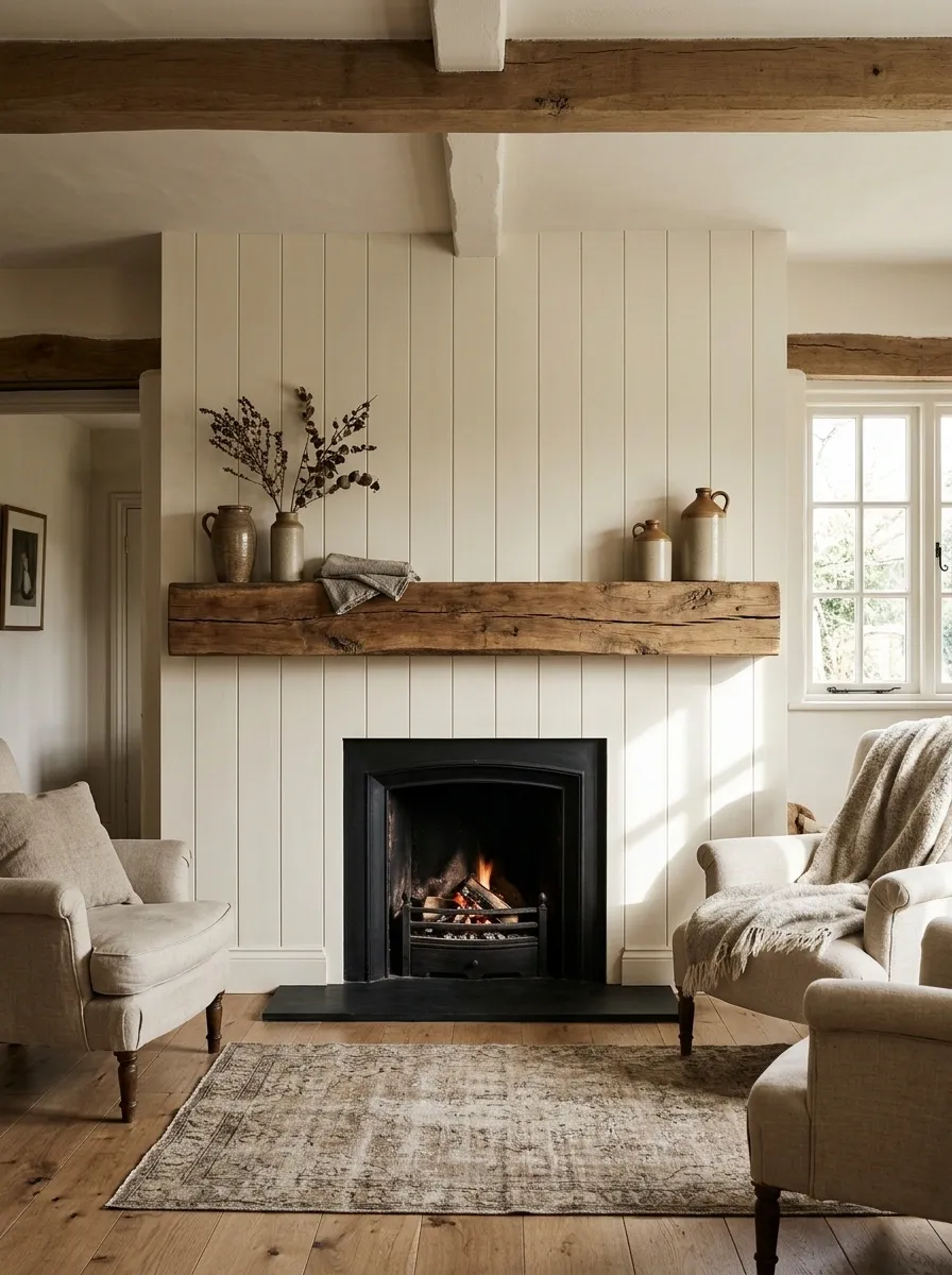 Cottage Fireplace With Cream Shiplap and a Reclaimed Beam
