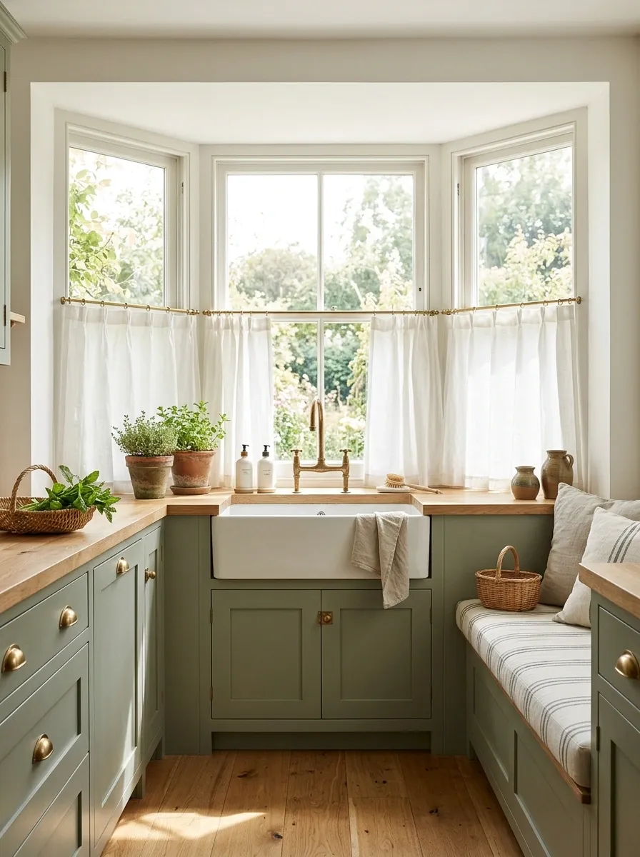Cottage Kitchen Bay With Crisp Café Curtains
