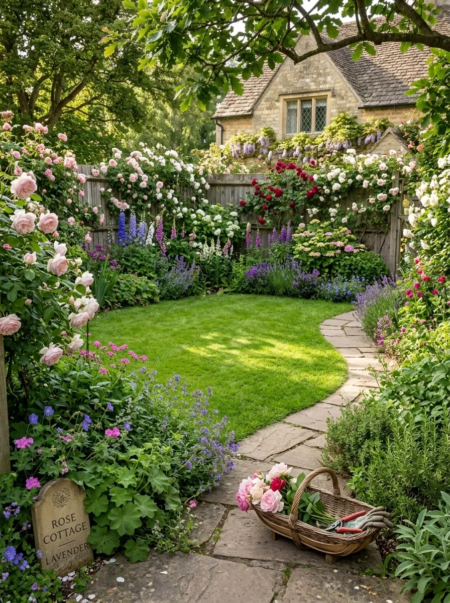 Cottage Rose Border Around a Small Grass Lawn