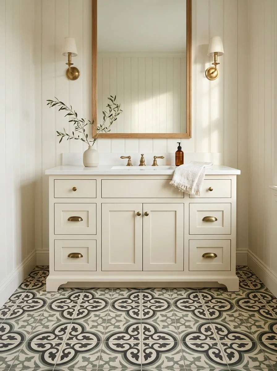 Country Bathroom With Patterned Cement Floors and a Shaker Vanity