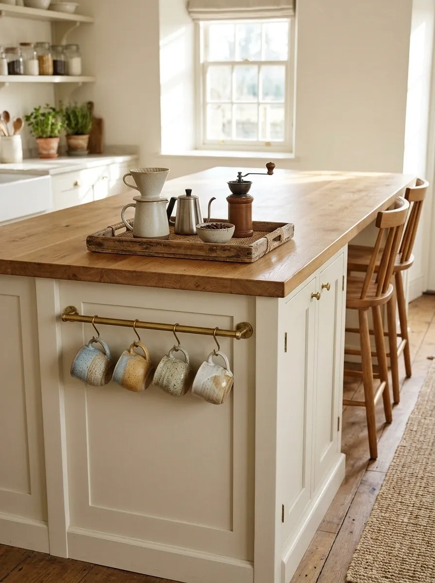 Country Kitchen Island With an End-Mounted Mug Rail