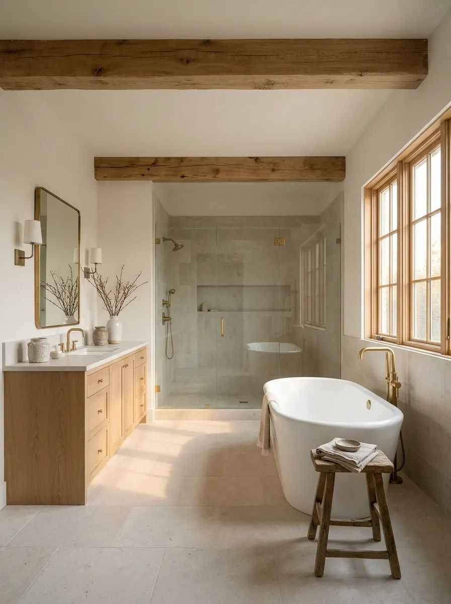 Country Spa Bathroom With Limestone and Oak Beams