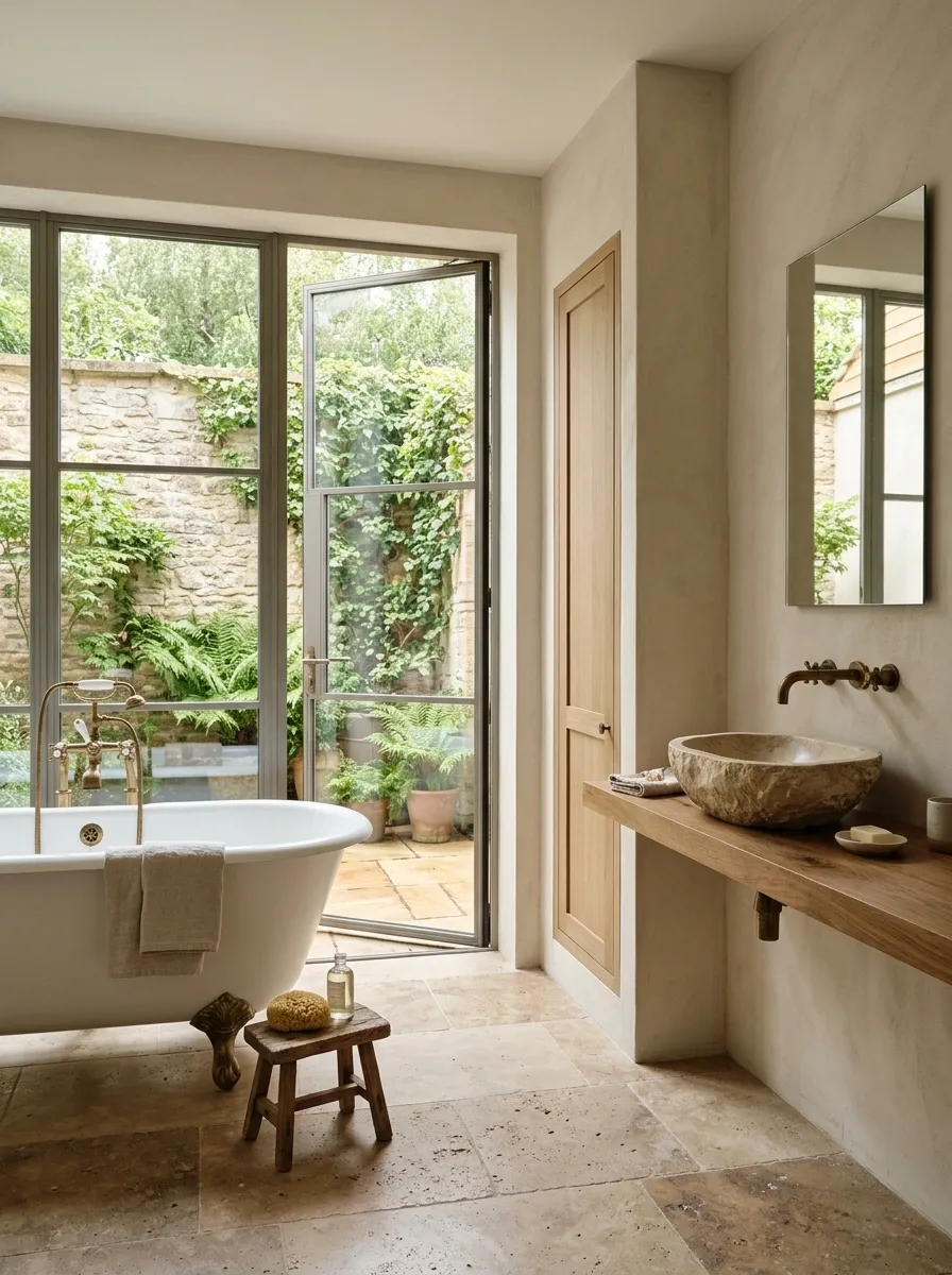 Courtyard Bathroom With a Stone Basin and a Traditional Bath