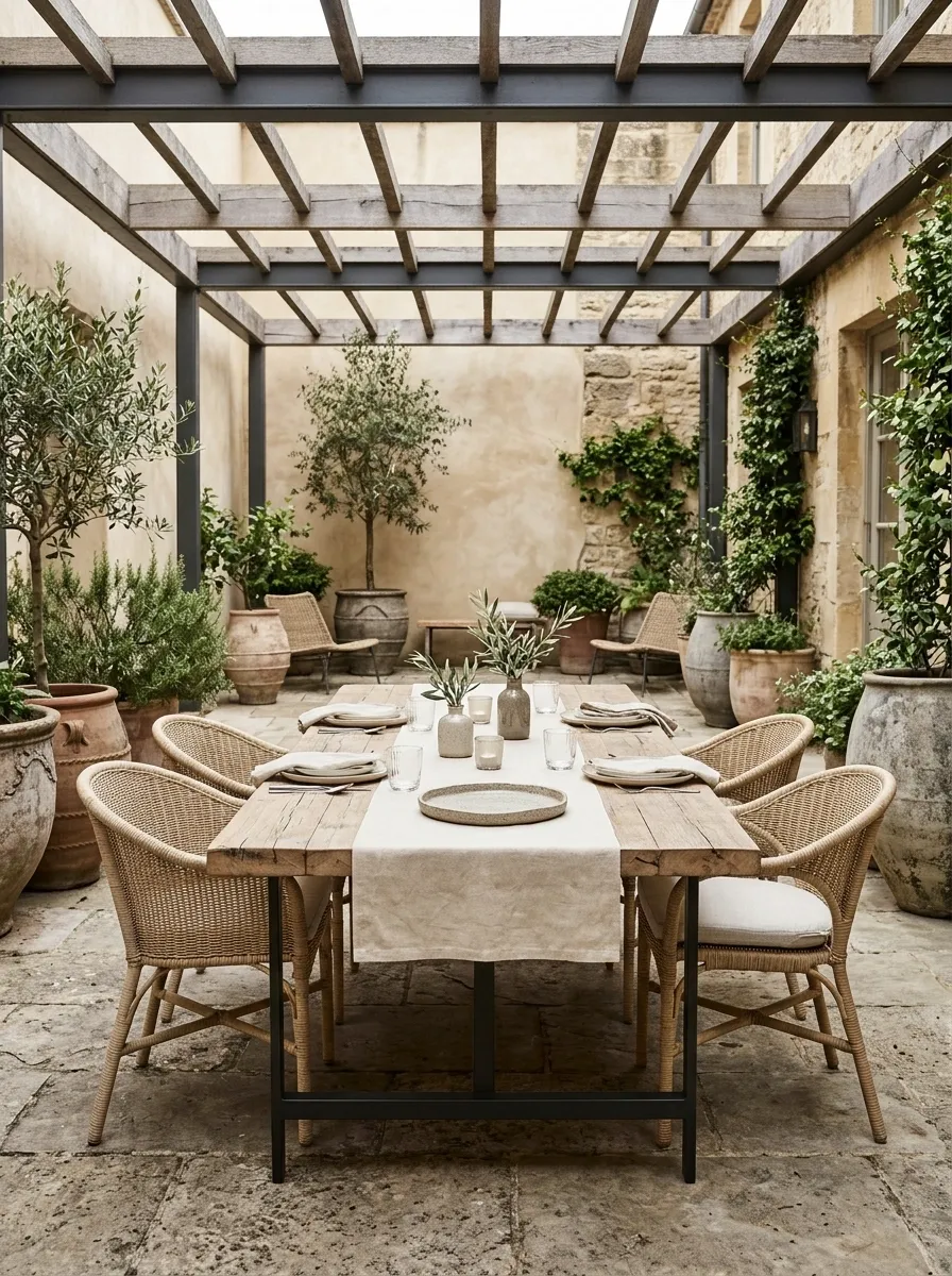 Courtyard Dining Area With a Pallet-Wood Table and Woven Chairs