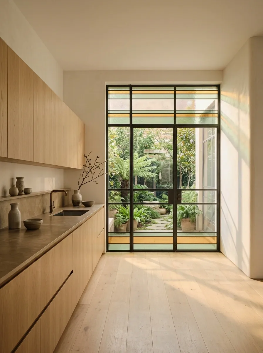 Courtyard Kitchen With Horizontal Geometric Glass