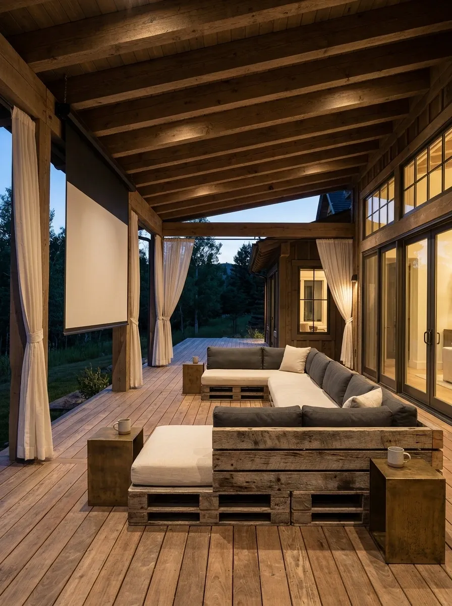 Covered Outdoor Cinema With Pallet Seating and Layered Floor Cushions