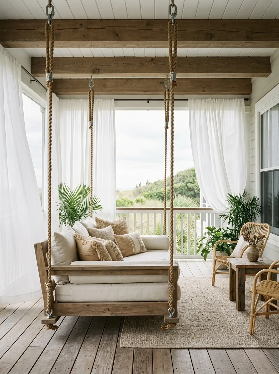 Covered Porch With a Hanging Daybed