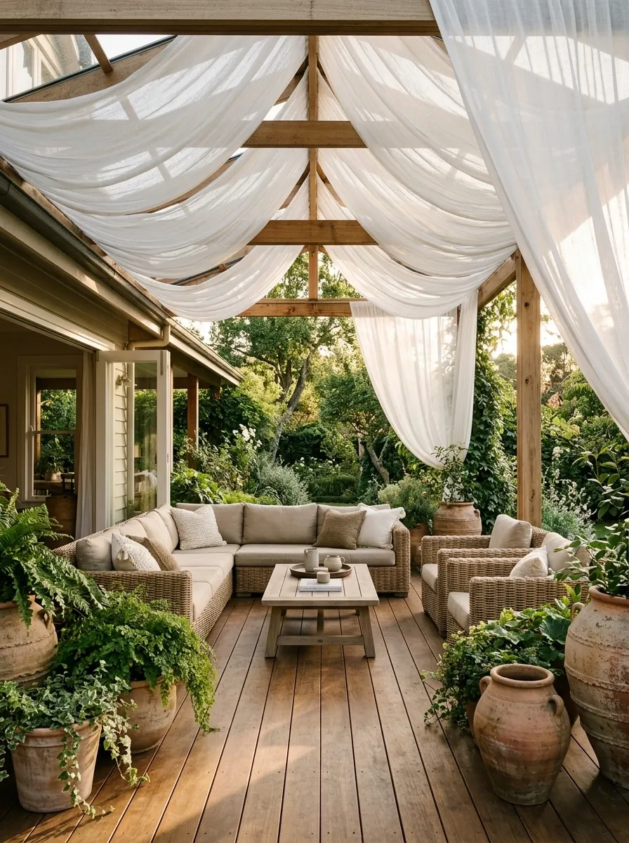 Covered Veranda With a Light Fabric Ceiling Treatment