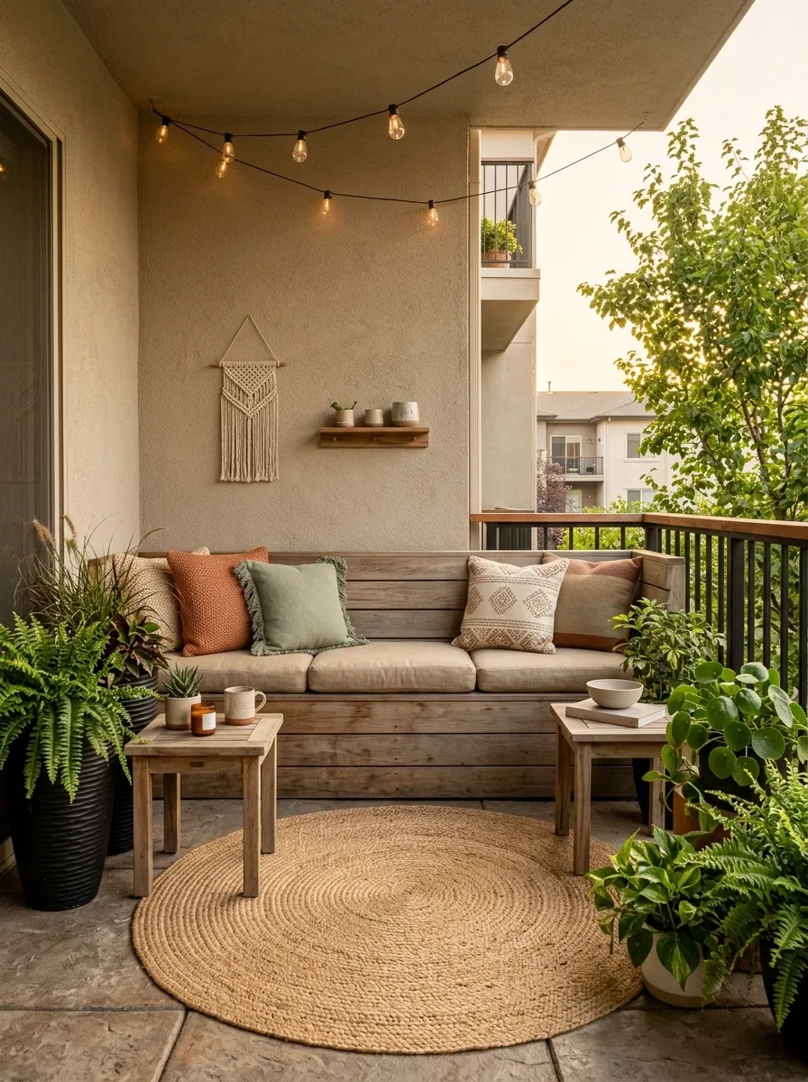 Cozy Apartment Patio With a Built-In-Looking Bench and Layered Cushions