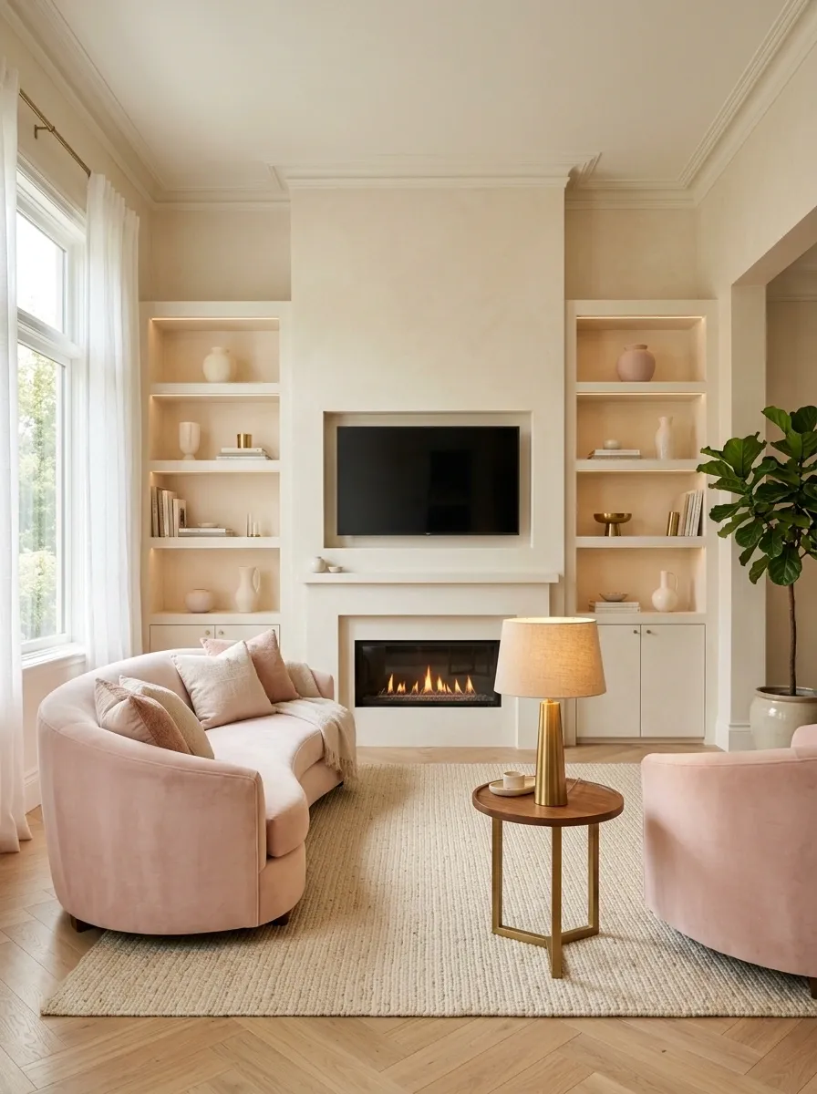 Cozy Apartment With Fireplace-Inspired Media Wall and Pink Sofa