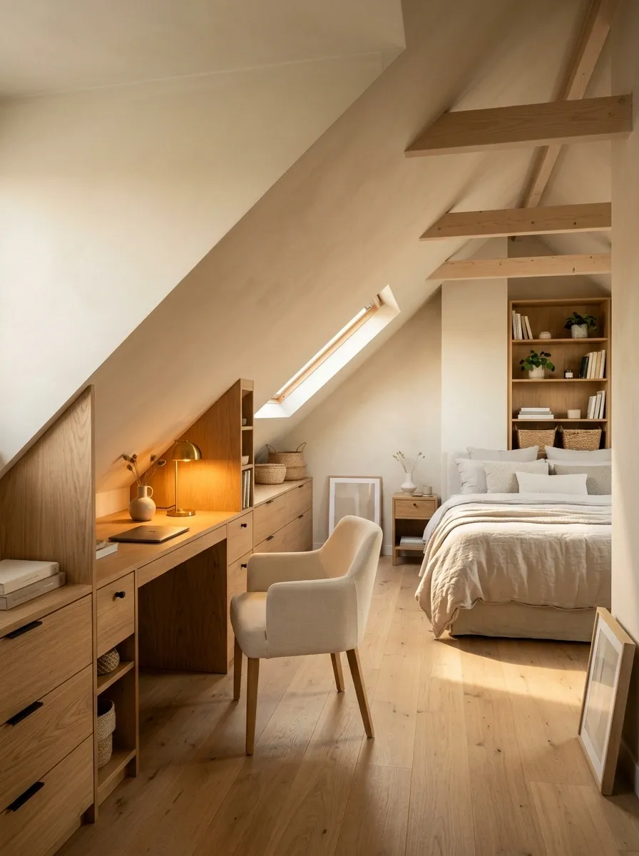 Cozy Attic Bedroom With a Custom Corner Workstation