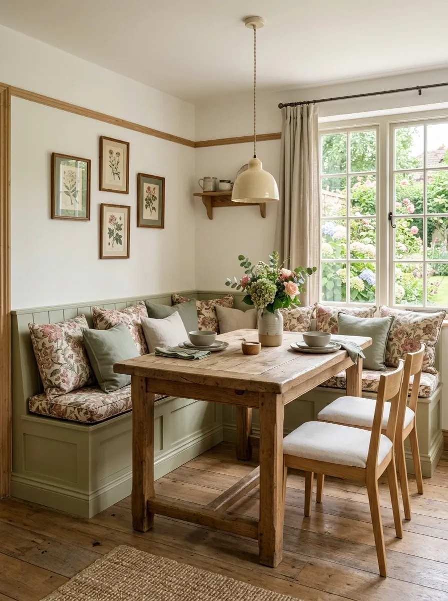 Cozy Cottage Nook With Painted Bench and Floral Textiles