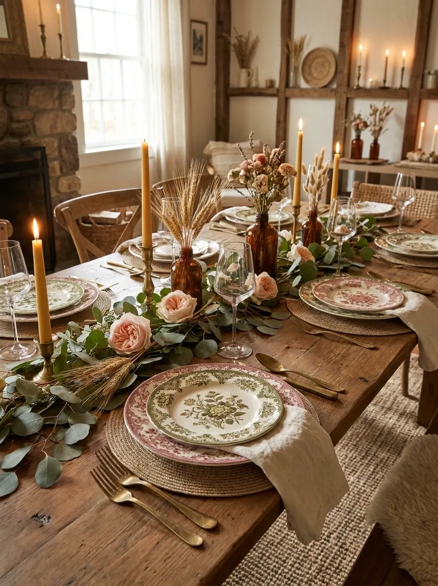 Cozy Cottage Thanksgiving Table With Floral China and Candles