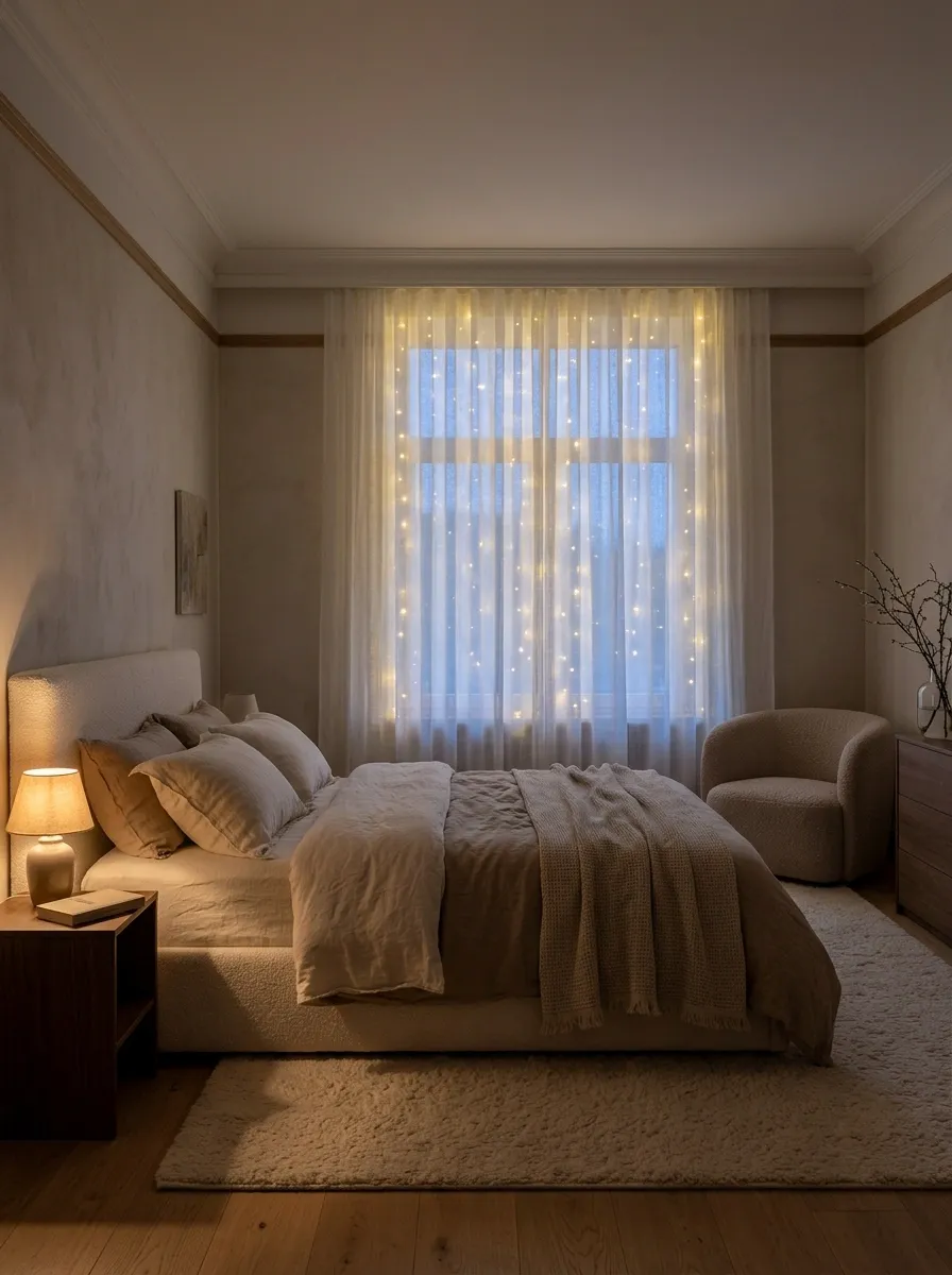 Cozy Evening Bedroom With a Lit Window and Bedside Corner