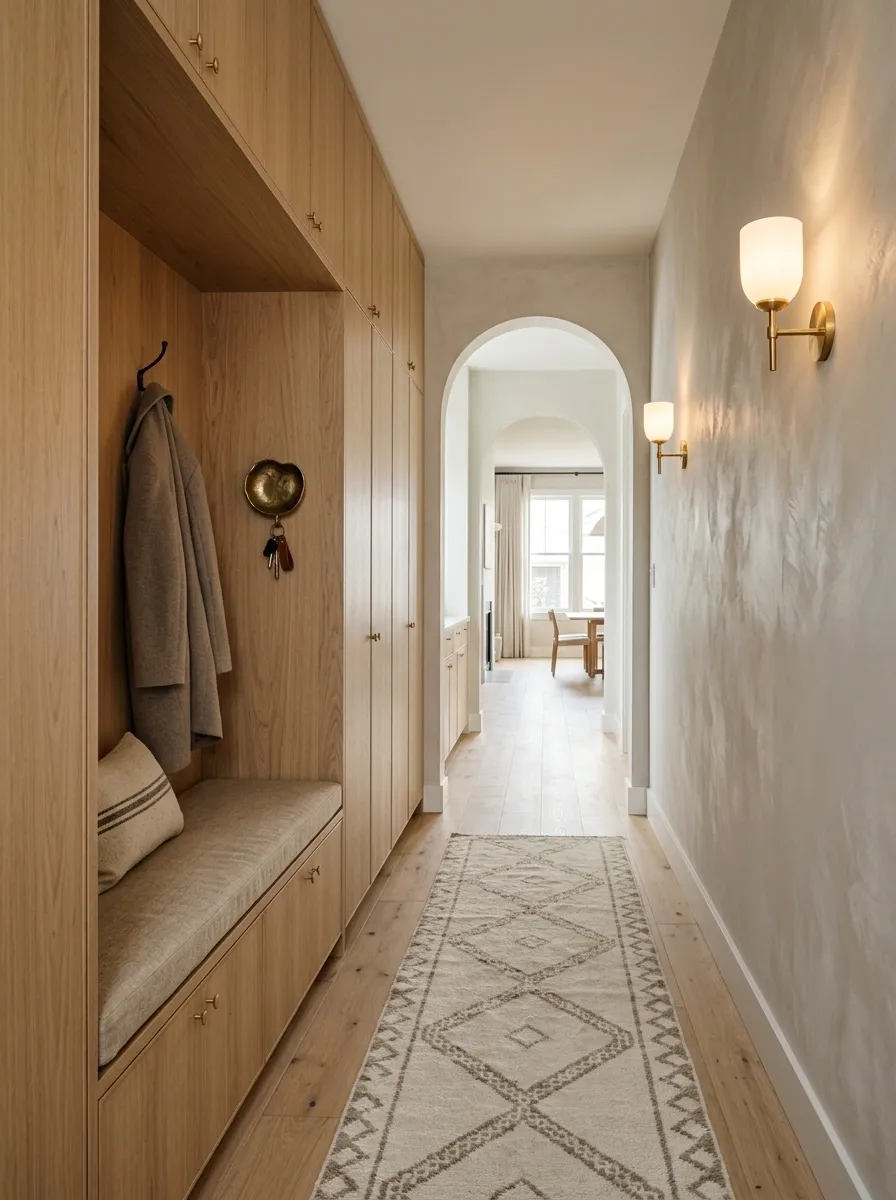 Cozy Minimal Entryway With Built-In Oak Storage and Bench