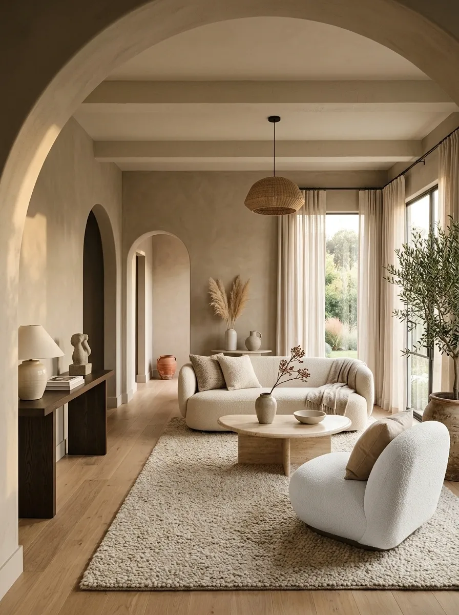 Cozy Minimal Living Room With Arched Architecture and Curved Furniture