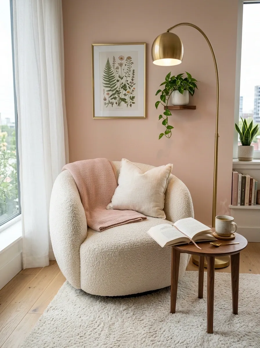 Cozy Pink Reading Corner With Bouclé Chair and Curved Floor Lamp