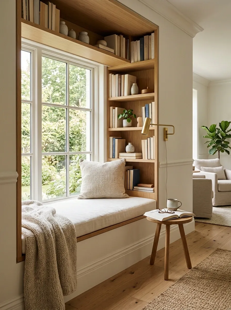 Cozy Reading Corner With Built-In Window Seat and Warm Oak Shelving