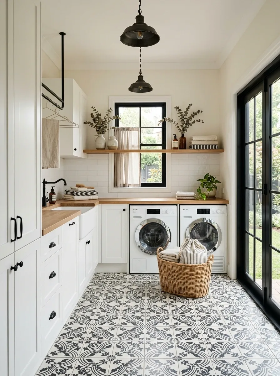 Cozy Traditional Laundry Room With Black-and-White Botanical Tile
