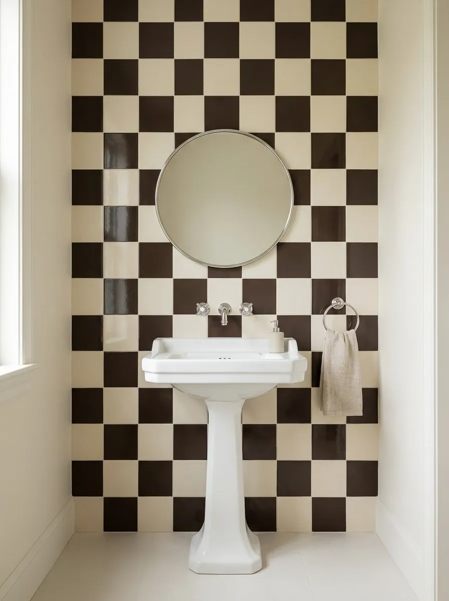 Cream and Espresso Checkerboard Wall With a Pedestal Sink