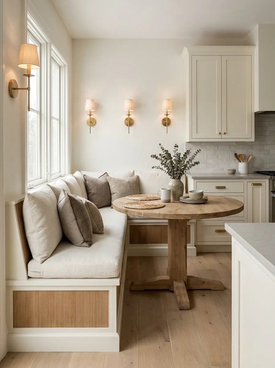 Cream Banquette With Fluted Oak Detail in a Transitional Kitchen