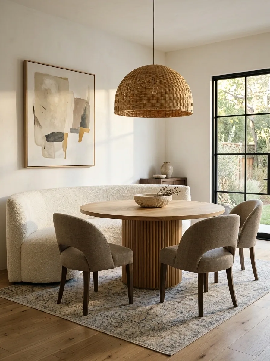 Cream Banquette With Fluted Oak Table Base and Soft Textiles