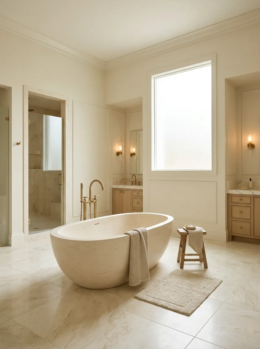 Cream Bathroom With a Sculptural Freestanding Tub
