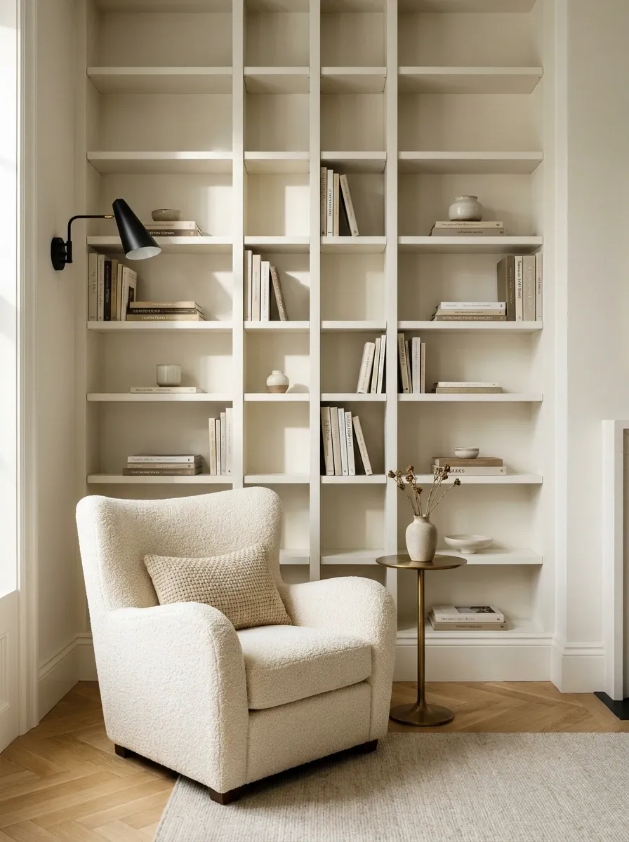 Cream Chair Beneath a Built-In Bookshelf