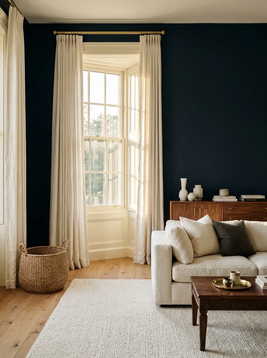 Cream Frames With Deep Blue Walls and Walnut