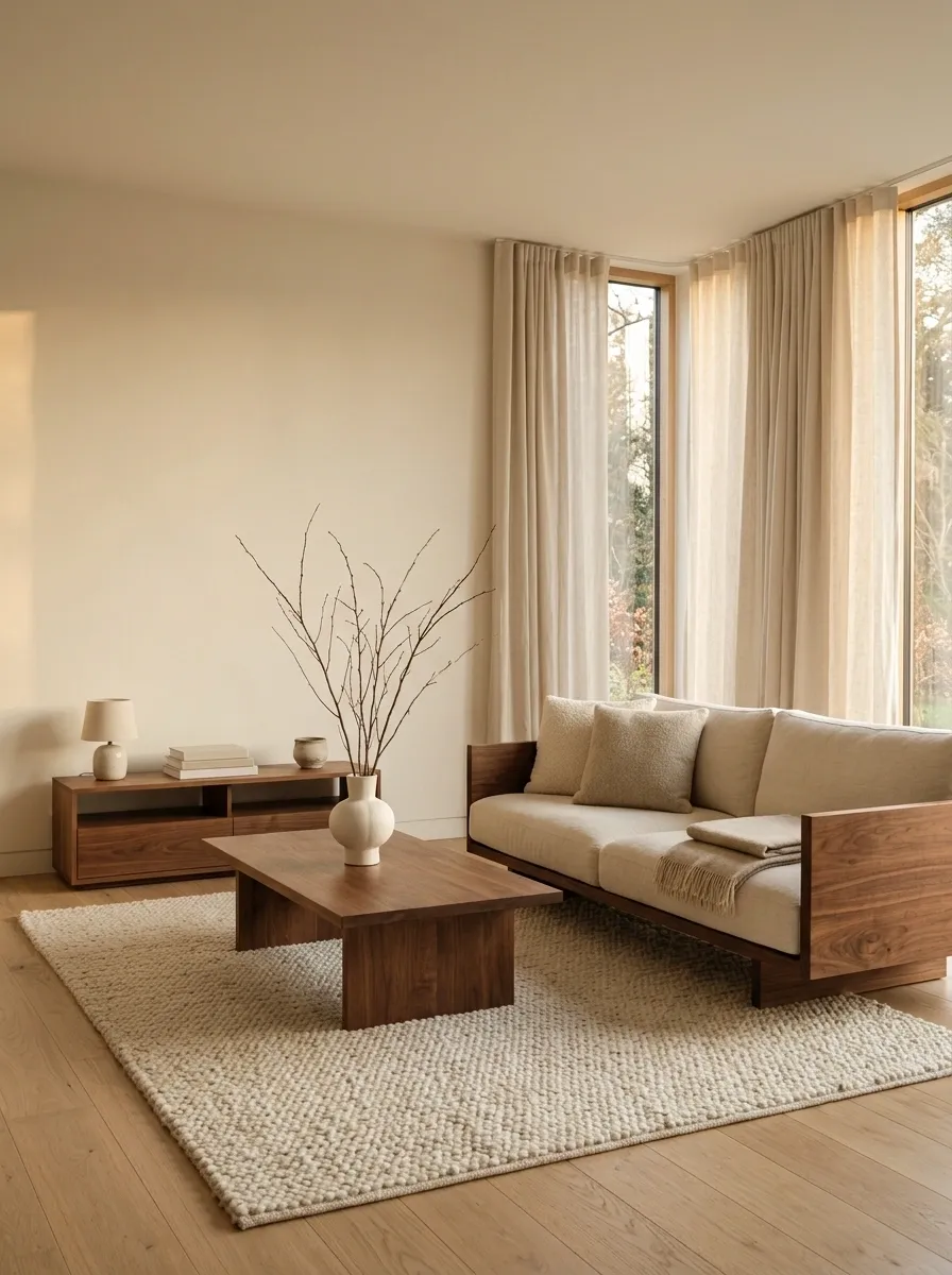 Cream Living Room With Low Walnut Furniture and Linen Layers