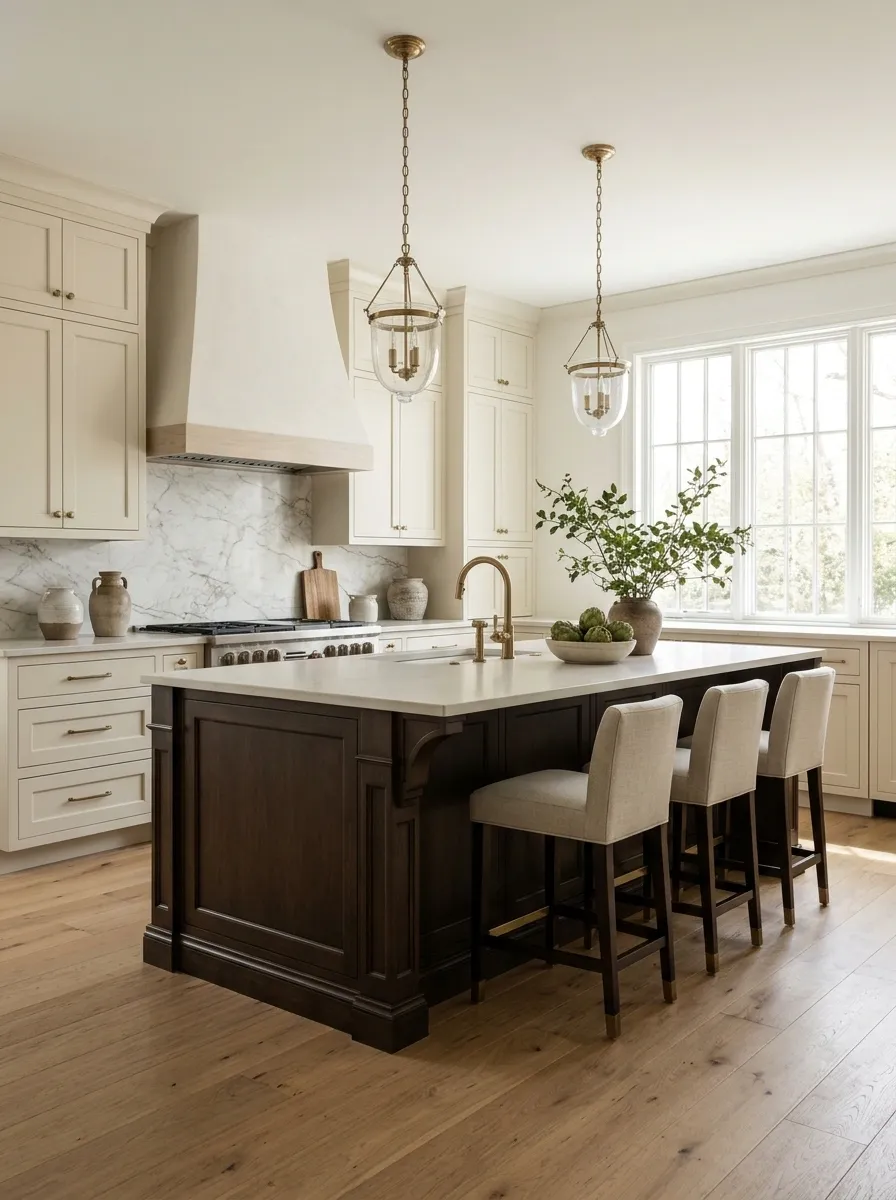 Cream Perimeter Cabinets With an Espresso Island