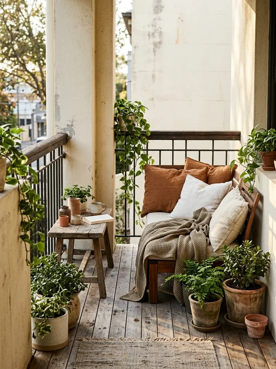 Cream, Rust, and Weathered Wood Balcony