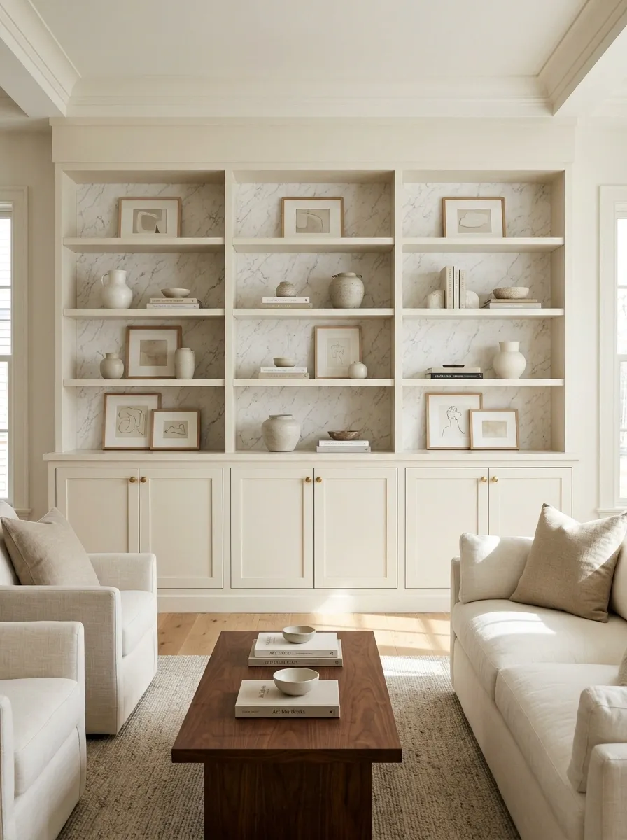 Cream Transitional Shelves With Marble Vein Wallpaper